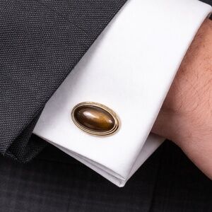 Vintage Krementz Tiger’s Eye Cufflinks– Pre-Patent 1930s • Gold Tone • Oval Dome